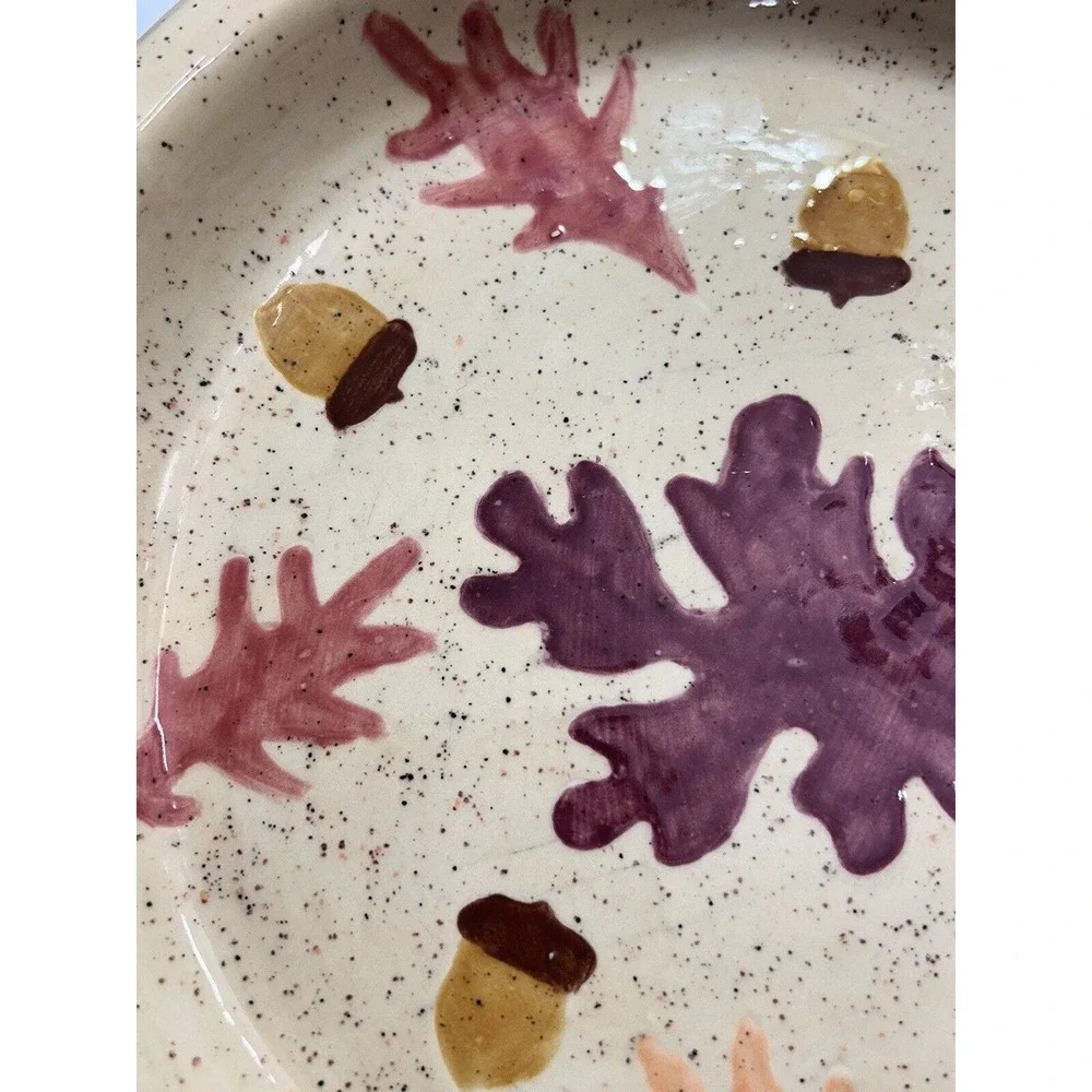 Handmade And Painted Leaves‎ And Acorns Pottery Dish Plate